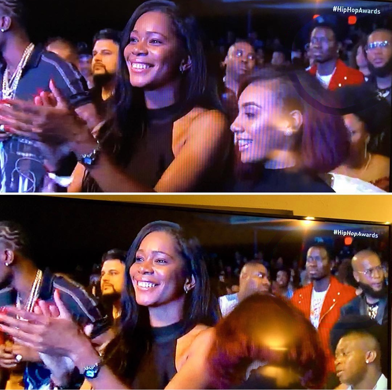 Two-panel BET Hip Hop Awards audience photograph with green circle annotations removed